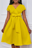 Yellow Fashion Casual Solid With Bow V Neck A Line Dresses