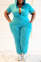 Blue Casual Solid Split Joint Hooded Collar Plus Size Jumpsuits