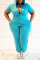 Blue Casual Solid Patchwork Hooded Collar Plus Size Jumpsuits