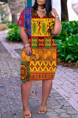 Orange Casual Print Patchwork V Neck Straight Dresses