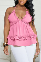 Pink Celebrities Solid Split Joint Spaghetti Strap Tops