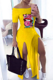 Yellow Black Fashion Casual Print Slit Off the Shoulder Short Sleeve Dress Dresses