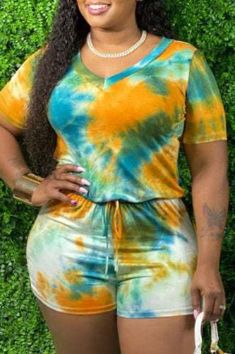 Green Plus Size Fashion Sexy Casual Tie Dye Frenulum O Neck Plus Size Jumpsuits