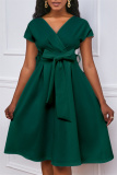 Green Fashion Casual Solid With Bow V Neck A Line Dresses