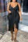 Black Sexy Solid Patchwork Asymmetrical Spaghetti Strap Irregular Dress Dresses