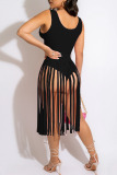 Black Sexy Solid Tassel Patchwork U Neck Sleeveless Two Pieces