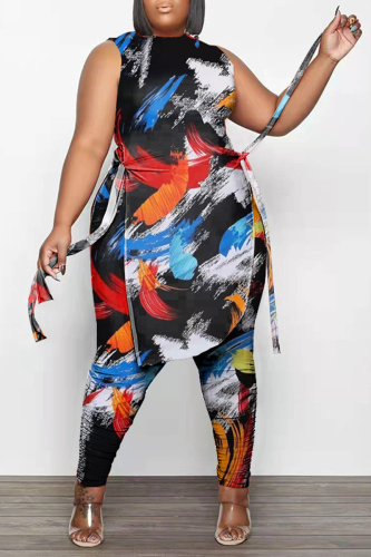 Colour Fashion Print Draw String O Neck Plus Size Two Pieces