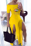 Yellow Black Fashion Casual Print Slit Off the Shoulder Short Sleeve Dress Dresses
