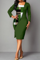 Green Casual Elegant Print Split Joint Slit Asymmetrical Collar One Step Skirt Dresses