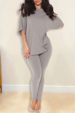 Grey Casual Solid Patchwork O Neck Half Sleeve Two Pieces