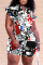 Black Sexy Street Print Patchwork Buckle Asymmetrical Turndown Collar Plus Size Two Pieces
