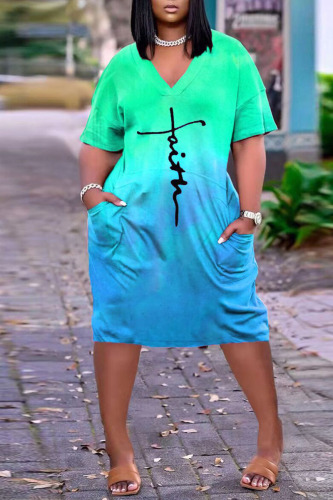 Blue Casual Print Patchwork V Neck Straight Dresses