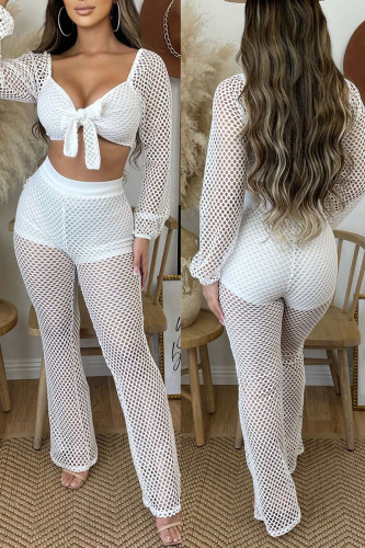 White Sexy Solid Bandage Hollowed Out Patchwork V Neck Long Sleeve Two Pieces