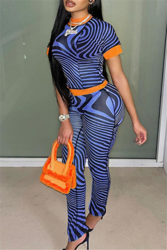 Blue Fashion Casual Print Split Joint O Neck Short Sleeve Two Pieces