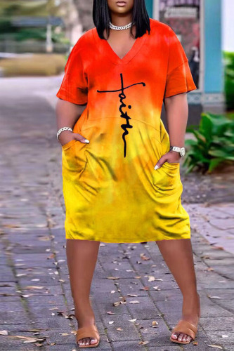 Yellow Casual Print Patchwork V Neck Straight Dresses