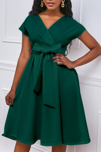 Green Fashion Casual Solid With Bow V Neck A Line Dresses