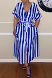 Deep Blue Fashion Casual Striped Print Bandage V Neck Shirt Dress Dresses