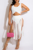Pink Sexy Solid Tassel Patchwork U Neck Sleeveless Two Pieces