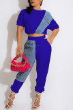 Royal Blue Casual Solid Patchwork O Neck Short Sleeve Two Pieces