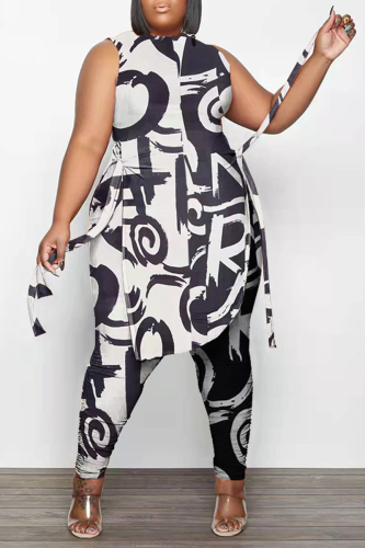Black White Fashion Print Draw String O Neck Plus Size Two Pieces