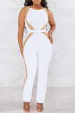 White Sexy Solid Patchwork O Neck Skinny Jumpsuits