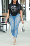 Blue Sexy Solid Patchwork See-through High Waist Pencil Patchwork Bottoms