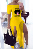 Yellow Pink Fashion Casual Print Slit Off the Shoulder Short Sleeve Dress Dresses