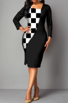 Black Casual Elegant Print Split Joint Slit Asymmetrical Collar One Step Skirt Dresses