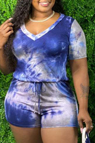 Blue Plus Size Fashion Sexy Casual Tie Dye Frenulum O Neck Plus Size Jumpsuits