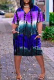 Blue Fashion Casual Print Basic V Neck Short Sleeve Dress