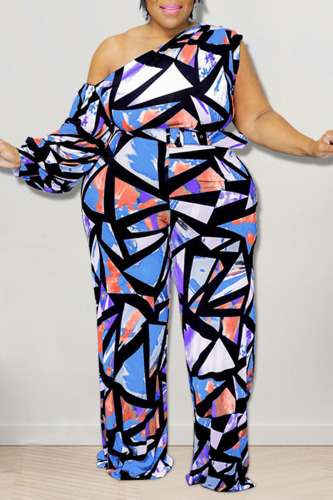 Purple Casual Print Patchwork Oblique Collar Plus Size Jumpsuits