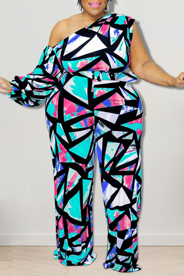 Blue Casual Print Patchwork Oblique Collar Plus Size Jumpsuits