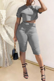 Grey Casual Solid Patchwork Fold O Neck Short Sleeve Two Pieces