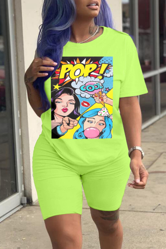 Fluorescent Green Fashion Casual Print Basic O Neck Short Sleeve Two Pieces