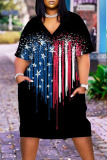 Black American Flag Stars Print Short Sleeve Gradual Change V Neck African Loose Straight Midi Dresses with Pocket