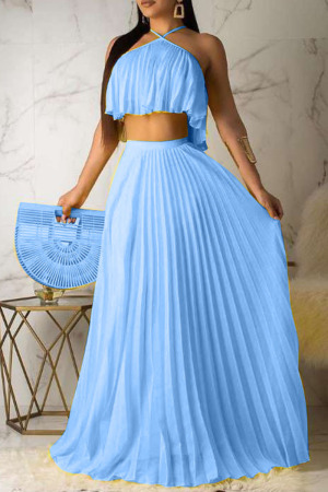 Sky Blue Fashion Sexy Sleeveless Skirt Two-piece Set