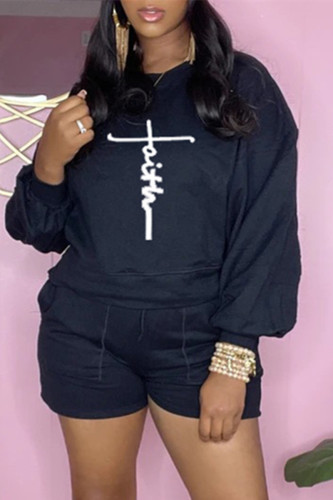 Black Fashion Casual Print Basic O Neck Long Sleeve Two Pieces