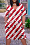 Burgundy American Flag Stars Print Short Sleeve Gradual Change V Neck African Loose Straight Midi Dresses with Pocket