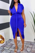 Blue Fashion Solid Split Joint V Neck Waist Skirt Dresses