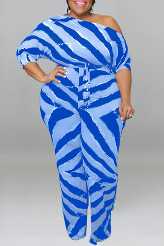 Blue Fashion Casual Striped Print Basic Oblique Collar Plus Size Jumpsuits
