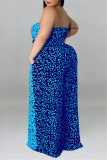 Blue Fashion Casual Print Patchwork Backless With Belt Strapless Plus Size Jumpsuits
