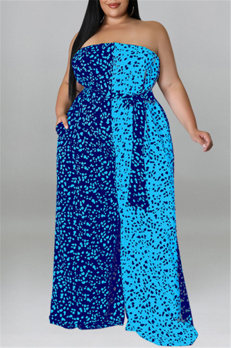 Blue Fashion Casual Print Patchwork Backless With Belt Strapless Plus Size Jumpsuits