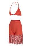Tangerine Sexy Solid Tassel Patchwork Halter Sleeveless Two Pieces