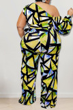 Yellow Casual Print Patchwork Oblique Collar Plus Size Jumpsuits