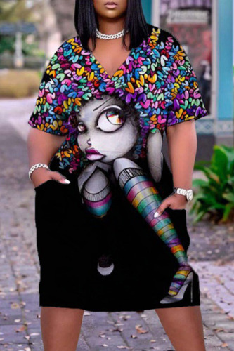 Multicolor Casual Print Patchwork Pocket V Neck Straight Dresses