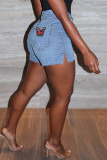 Baby Blue Fashion Casual Solid Patchwork Slit High Waist Regular Denim Shorts