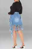 Dark Blue Fashion Casual Solid Tassel Plus Size Denim Skirt