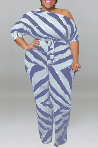 Light Gray Fashion Casual Striped Print Basic Oblique Collar Plus Size Jumpsuits