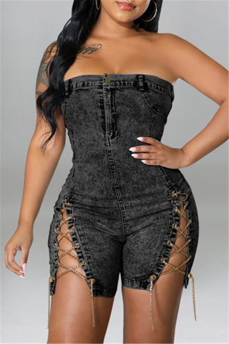 Black Fashion Sexy Solid Chains Backless Strapless Skinny Romper
