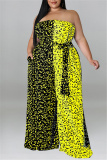 Yellow Fashion Casual Print Patchwork Backless With Belt Strapless Plus Size Jumpsuits